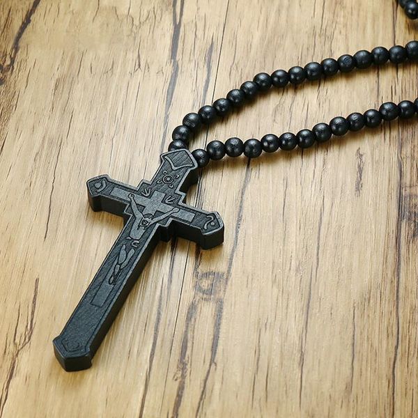 

pendant necklaces large wood catholic jesusmens cross with wooden bead carved rosary long collier statement necklace, Silver