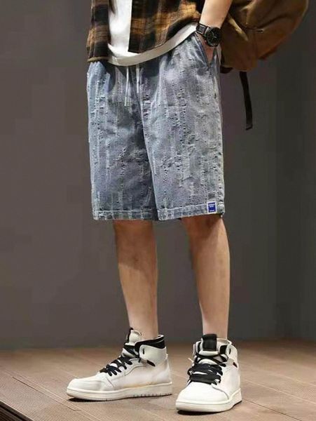 

men slant pocket drawstring denim shorts h7jb#, Blue