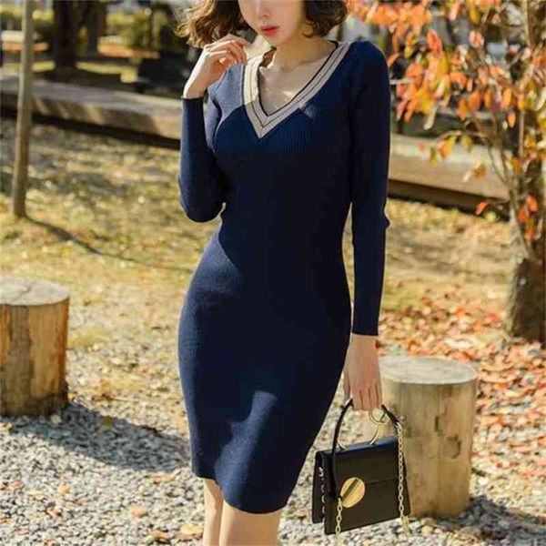 

retro knitting dress ribbon long sleeve v-neck autumn women solid rib bodycon vestidos 210603, Black;gray