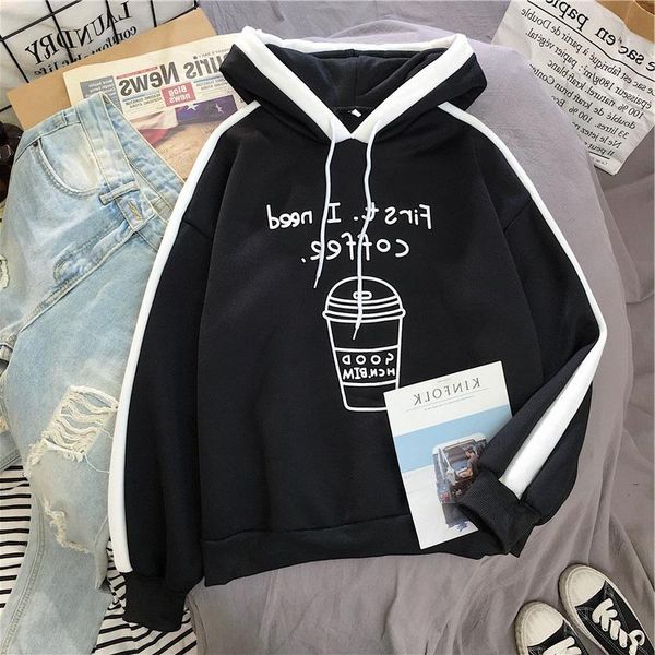 

women's hoodies & sweatshirts patchwork cute oversized women letter printing loose warm hooded clothes sweatshirt hoodie streetwear, Black