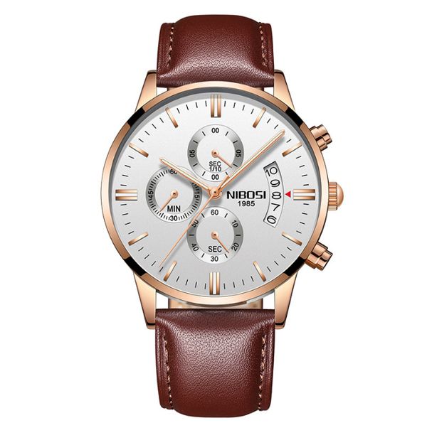 

nibosi brand quartz chronograph fine quality leather strap mens watches stainless steel band watch luminous date life waterproof wristwatche, Slivery;brown
