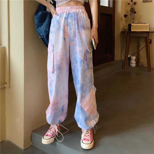 

women's jeans cargo pants women tie-dye woman ankle banded korean loose slimming trousers elastic waist joggers fashion sweat j2s2, Blue