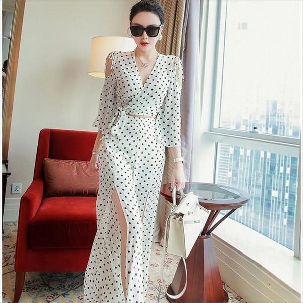 

summer off shoulder blouse womens pants 2 pieces suit polka dots with trousers femal e long split wide leg, White