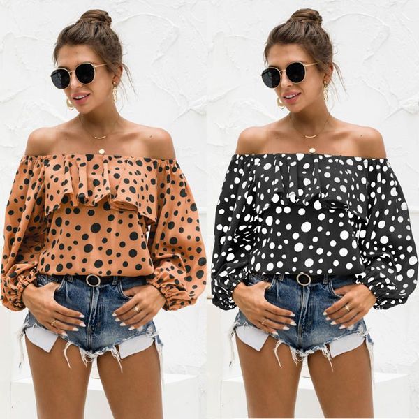 

women's blouses & shirts women ruffle polka dot cold shoulder black blouse loose long sleeve one-shoulder puff t-shirt, White