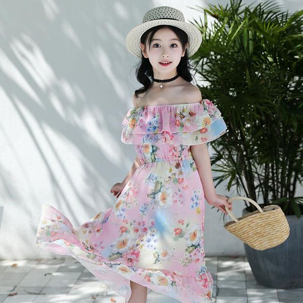 

kids teen children girls bohemia dress floral butterfly print ruffles off shoulder princess ropa recien nacido 2021 girl's dresses, Red;yellow