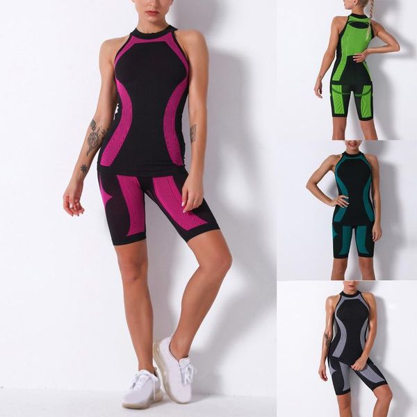 

yoga outfit 2021 set women seamless striped wear two-piece outdoor sports vest shorts ropa deportiva mujer