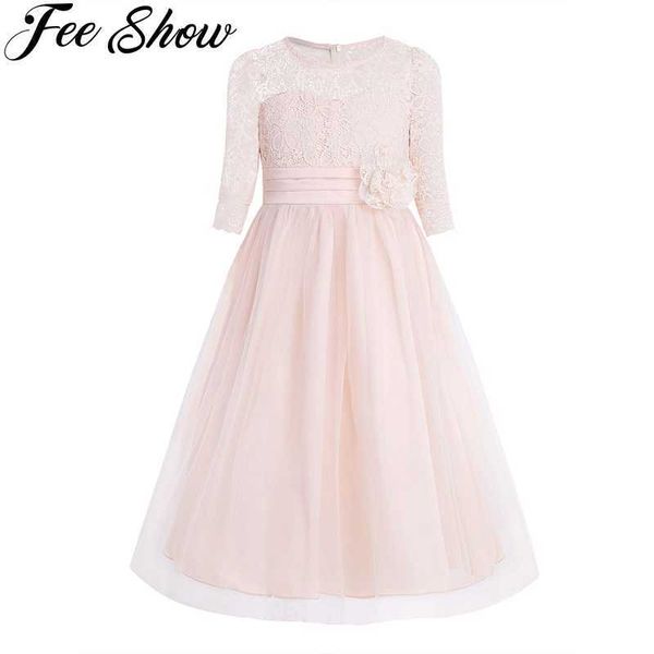 Prenses Çocuklar Çiçek Kız Dantel Elbise Yarım Kollu Pageant Düğün Doğum Günü Partisi Çiçek Dantel Elbise Giysileri Genç Kız Giyim Q0716