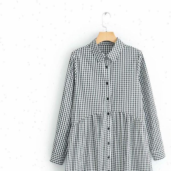 

vintage plaid printing shirtdress casual women dresses slim pleats patchwork vestidos chic business ds1962, Black;gray