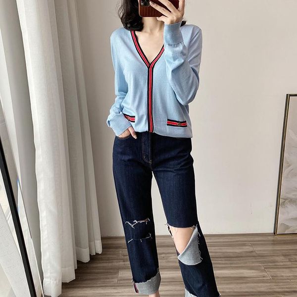 

women's knits & tees women sweater wool contrasting v-neck button knit cardigan small jacket, White