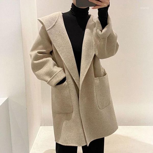 

women's wool & blends [ewq]2021 winter turn-down collar oat black long-sleeved solid color straight minimalist hoodie woolen overcoat w