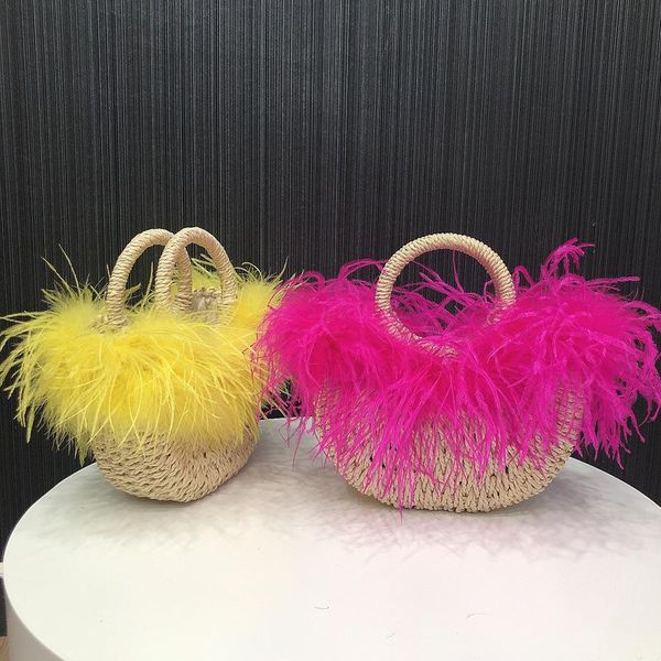

evening bags thailand ostrich fluffy feather rattan bag for women 2021 woven crossbody handbag and purses summer vacation beach