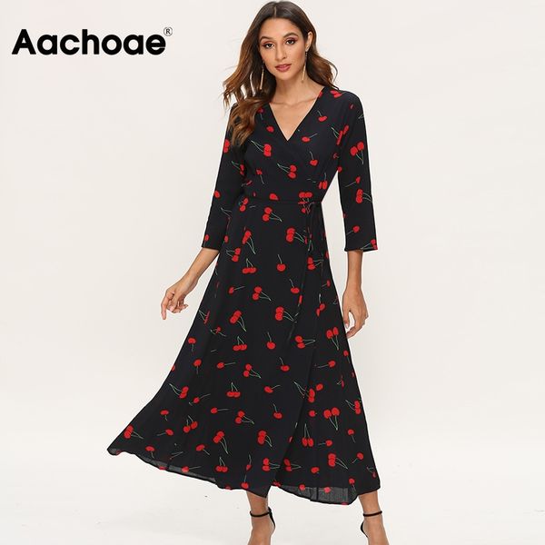 

women v ne printed maxi dress 2021 split long party dress female three quarter sleeve elegant dresses vestidos, Black;white