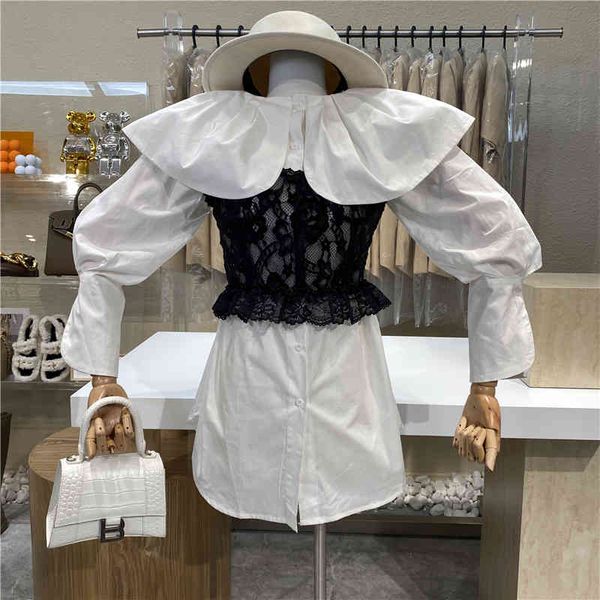 

blouses original niche design front and short back neck lotus loose cleft shirt+ return tie slings rope suit, White