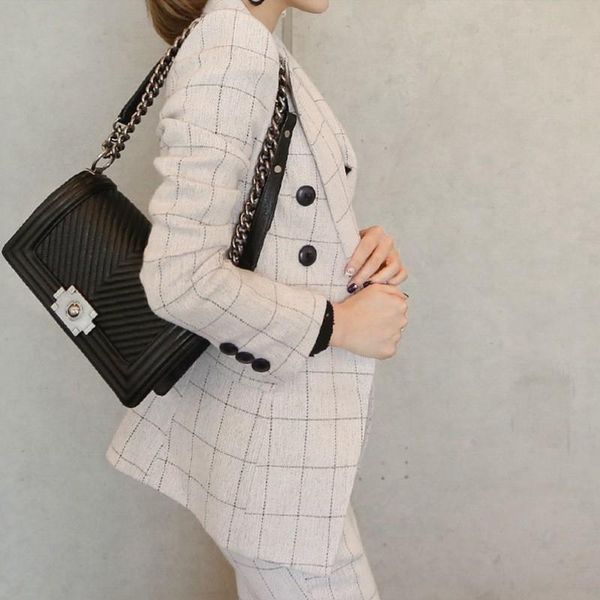 

women's suits & blazers business office ladies sets pants and jackets 2 pieces set slim fit blazer 2021 vintage fashion plaid clothes, White;black