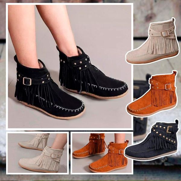 

boots for women's buckle zipper tassel flat heel winter and autumn shoes short women botas de mujer large size, Black