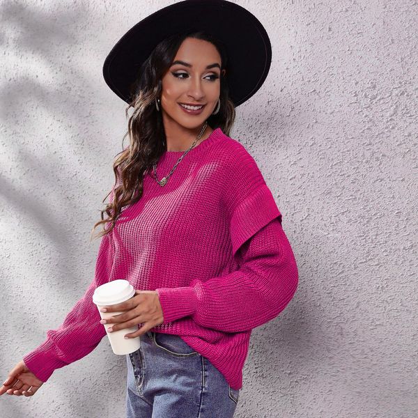 

european american new women's knits & tees rose dropped shoulder matching long sleeve knitted sweater loose autumn winter clothing, White