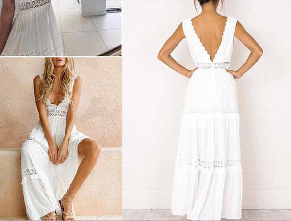 

deep v elegant white women backless hollow out summer long maxi es lace female clothing s  l xl, Black;gray