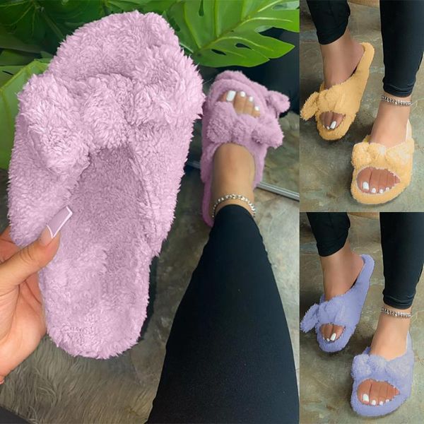 

fshion fur slippers winter women warm indoor bow soft wool suede q30, Black