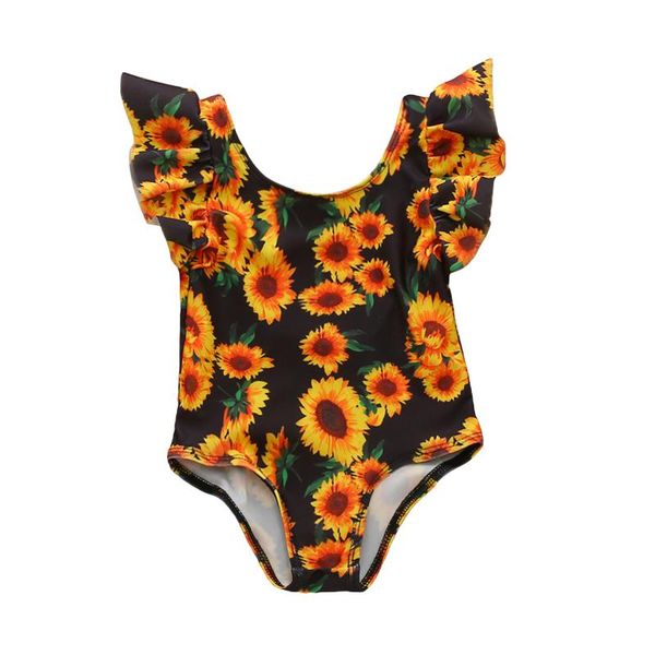 

one-pieces kids baby girl swimsuit sunflower print flying sleeve backless swimming beach vacation children toddler summer swimsuits 3-6t, Black