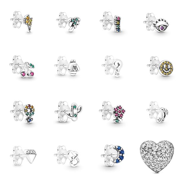 

2021 new 100% 925 sterling silver298568c01 sparkling pattern heart earrings clear cz studs heart ear charm pandora beads fit original, Golden;silver
