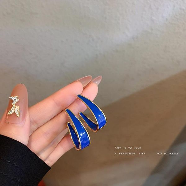 

hoop & huggie european and american plain circle 925 silver needle oil dripping geometric blue fashion cool wind metal personalized earrings, Golden;silver