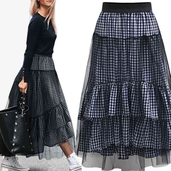

skirts long plaid women spring summer cute mesh patchwork asymmetrical ruffle high waisted midi skirt jupe tulle femme d2ho, Black