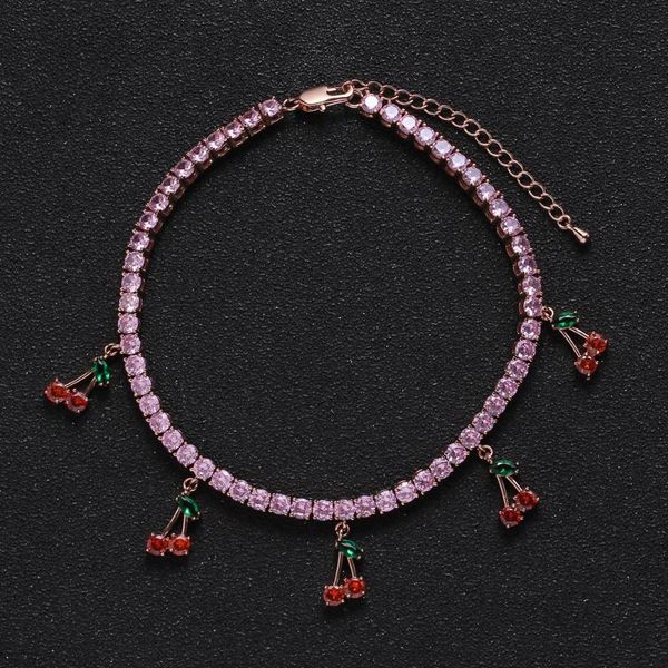 

anklets iced out cz tennis chain cherry anklet luxury charm gold rose silver color women hip hop bling fashion jewelry, Red;blue