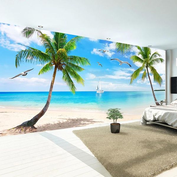 

wallpapers drop custom 3d po wallpaper seascape seagull coconut tree beach wall painting restaurant mural papel de parede