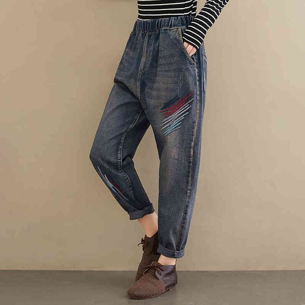 

women's jeans blue vintage embroidey boyfriend for women spring elastic waist retro streetwear denim straight pants ladies sqjb