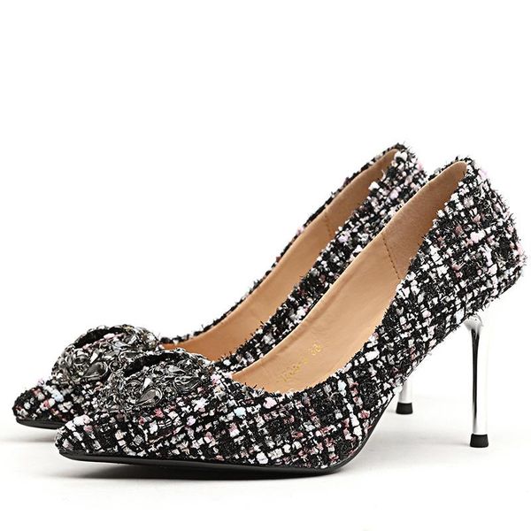 

dress shoes 2021 spring simple fashion shallow mouth single rhinestone plaid linen pointed high heels female fine with, Black