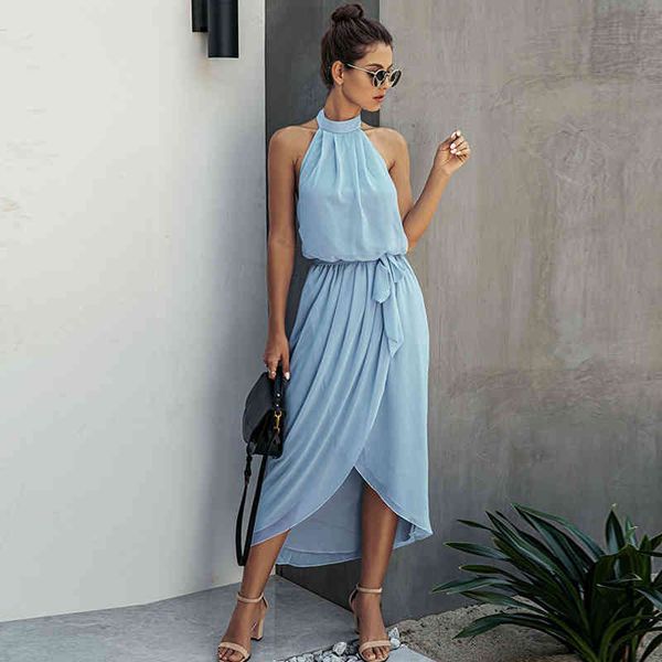 

elegant backless summer dress women halter off shoulder lace up front split midi dresses lady irregular blue dress vestidos, Black;gray