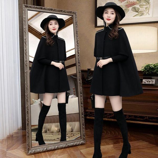 

women's wool & blends autumn and winter 2021 temperament cloak beaded coat fashion loose aging, Black