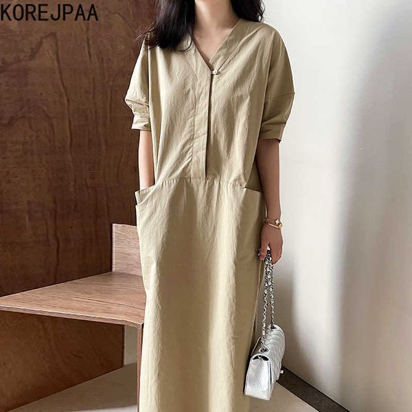 

korejpaa women dress summer korean chic vintage casual v-neck one-button large pocket design loose slit puff sleeve vestido 210526, Black;gray