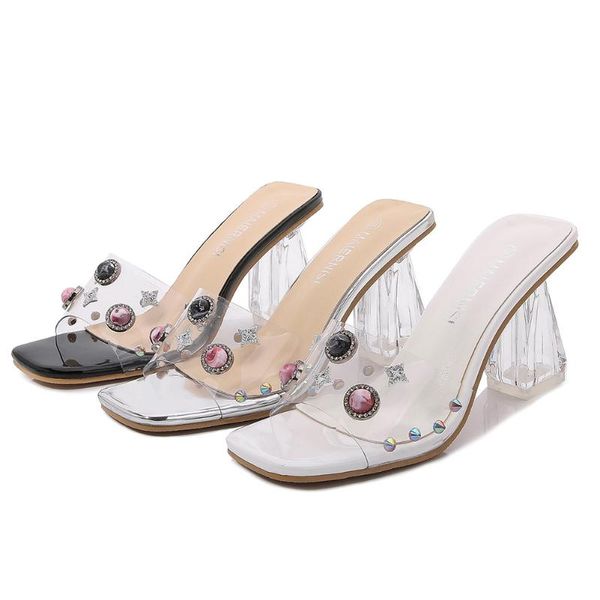 

sandals summer fashion square toe slides high heels with rivet casual plus size shoes for women, Black
