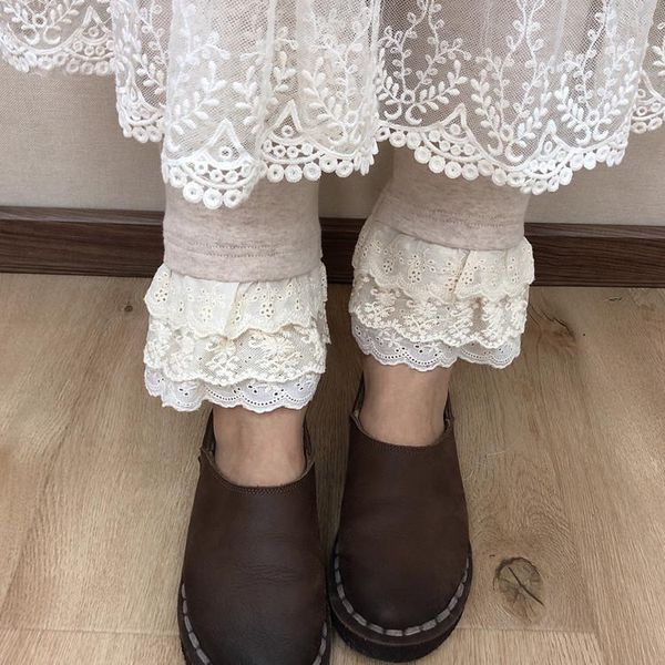 

women's leggings sweet lolita elastic waist knit cotton lace crochet pants mori girl novelty tunic skinny spring autumn, Black