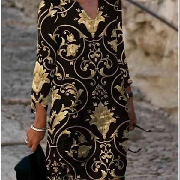 

2021 new color matching printed patchwork v-neck wide pine bamboo art round neck 5-sleeve large size dress, Black;gray