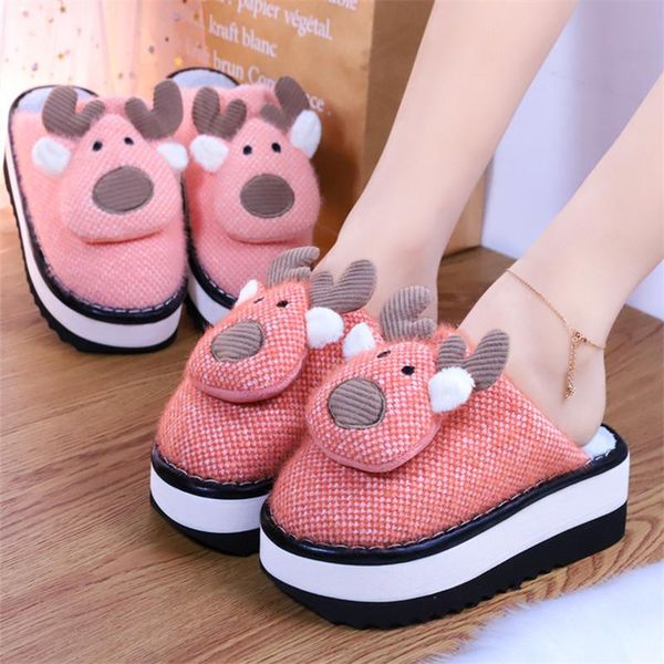 

slippers shoes flock winter woman slipper heeled mules on a wedge platform slides med high short plush with house, Black