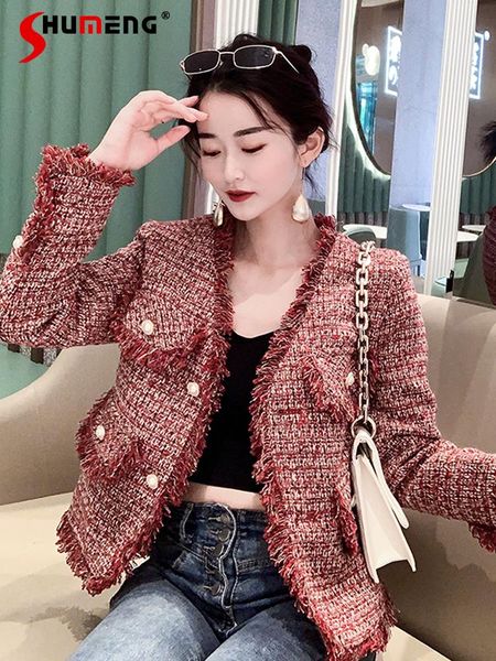 

elegant french style single breasted plaid coat for women 2021 spring long sleeve red woven tweed short jacket outwear ladies women's j, Black;brown