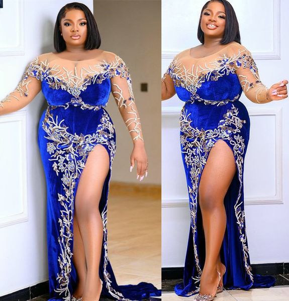 

2021 plus size arabic aso ebi royal blue lace prom dresses sheer neck beaded high split evening formal party second reception gowns dress zj, Black