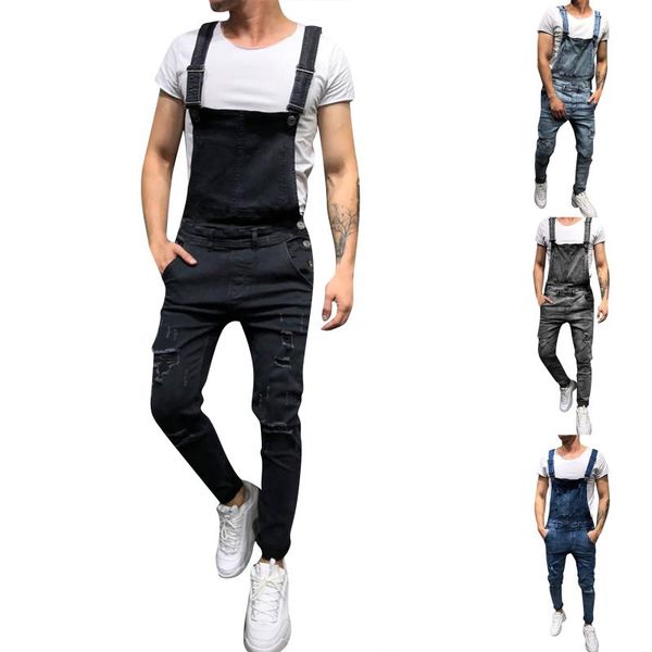 

men's pants men casual denim overalls dungarees male romper bib solid color jumpsuit jeans suspender plus size black/gray/blue