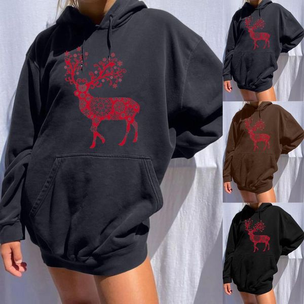 

women's hoodies & sweatshirts 2021 christmas sweatshirt fashion loose long sleeve hooded cute printed with drop shoulder sleeves, Black
