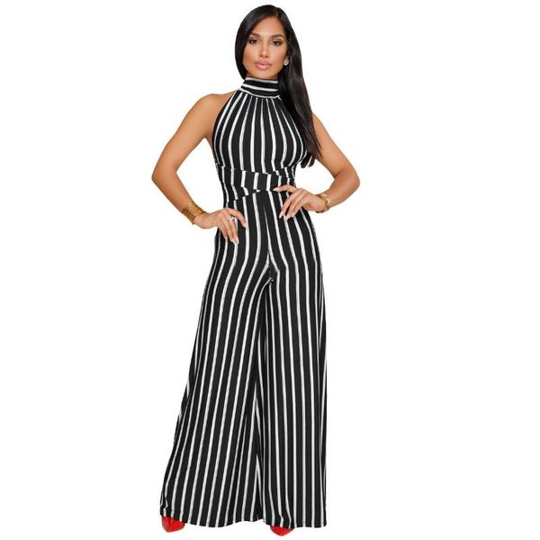 

women's jumpsuits & rompers jumpsuit striped color backless wide leg pants bodysuit, Black;white
