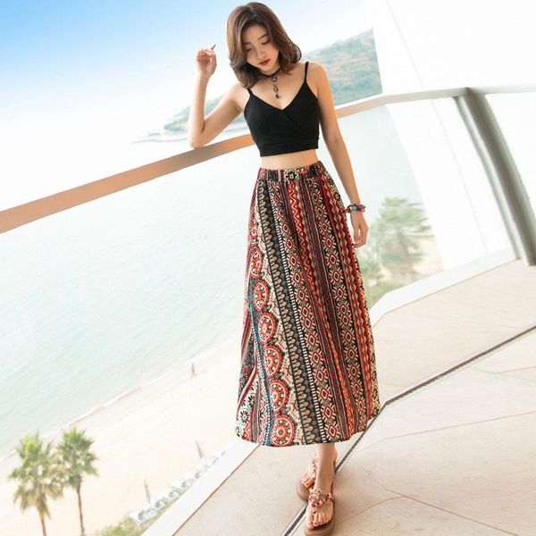 

skirts women skirt bohemia fashion printing elastic waist a line, Black