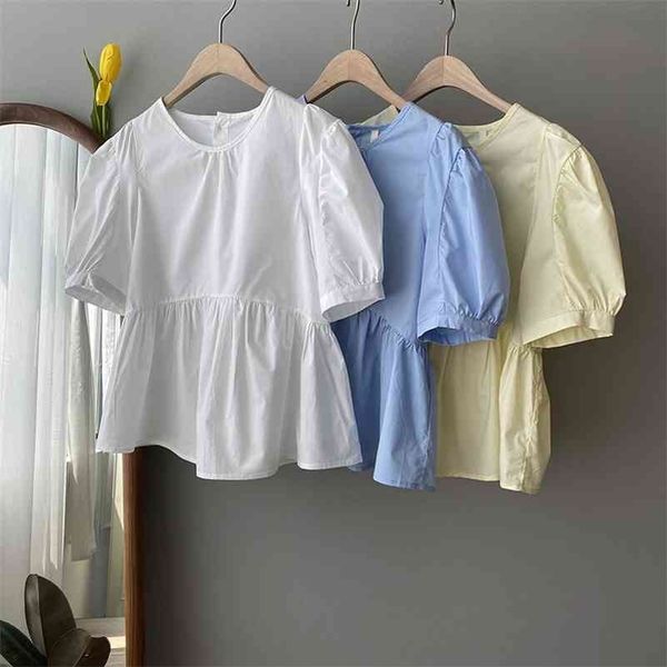 

summer women elegant lantern shirts short sleeve o-neck blouse female casual loose ruffled blusas plus size 210416, White