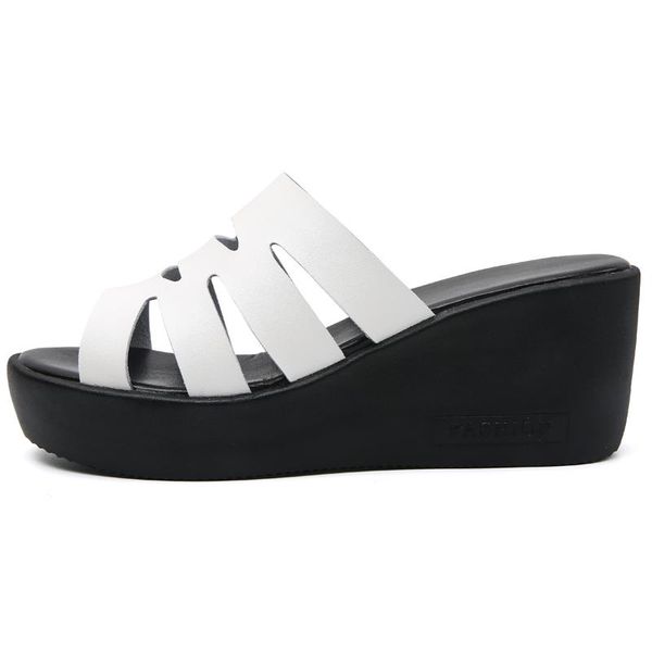 

sandals slide 2021 arrivals genuine leather rubber outsole high heels wedges platform shoes women summer, Black