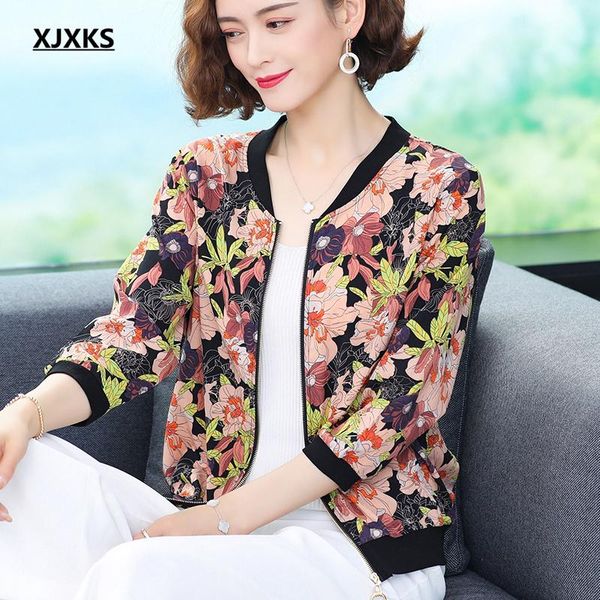 

women's jackets xjxks 2021 summer and autumn season loose plus size women jacket fashion printing zipper cardigan coat, Black;brown