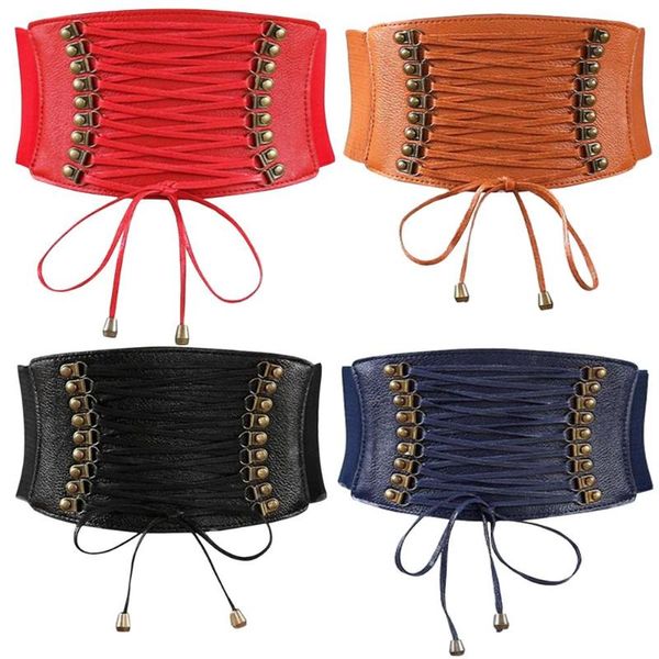 

belts fashion women vintage pu lace up corset elastic bandage shape-making solid color wide band waist dress accessories, Black;brown