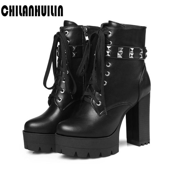 

boots 2021 punk style black brown platform combat ankle for women lace up rivets strap shoes autumn winter biker