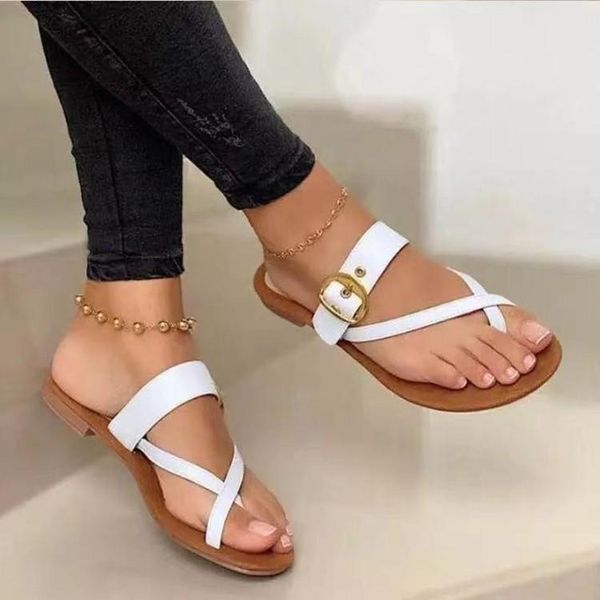 

summer retro women slippers buckle flip toe flat non slip rubber sole outdoor casual elegant ladies flop beach female shoes, Black