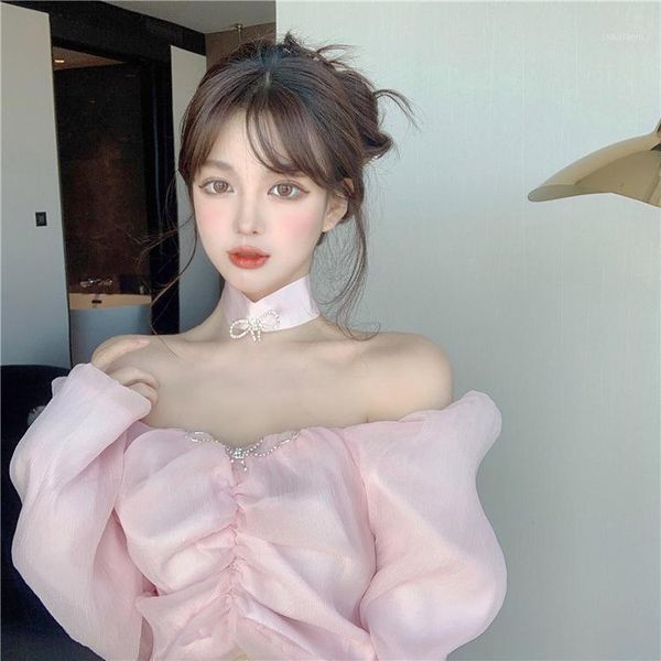 

fashion brand korean sslash neck crop long sleeve slim chiffon blouse female sweet style women's clothing autumn blouses & shirts, White
